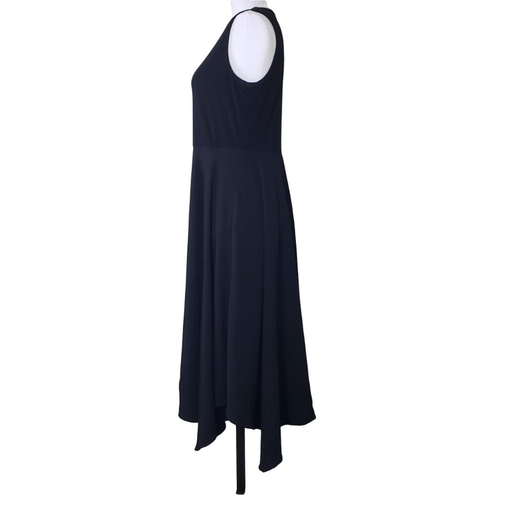 DKNY Black Fit Flare Black Dress M Hi Low Hem Stretchy Poly Sleeveless EUC - Picture 2 of 9